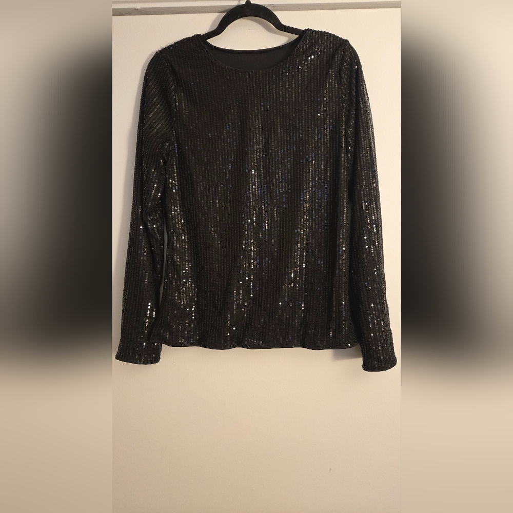 Shimmering Black Sequin Long Sleeve Top